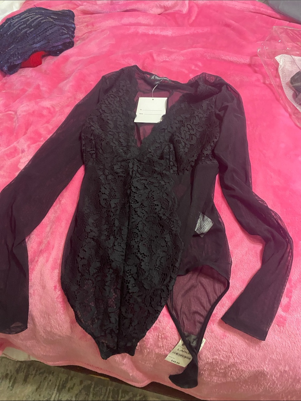 INC International Concepts Black Lace & Mesh Long-Sleeve Bodysuit